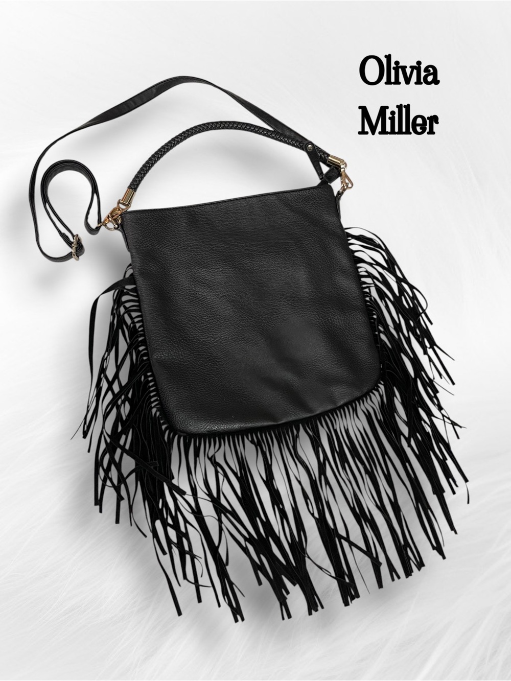 Olivia Miller Black Faux Leather Fringe Crossbody Hobo Bag